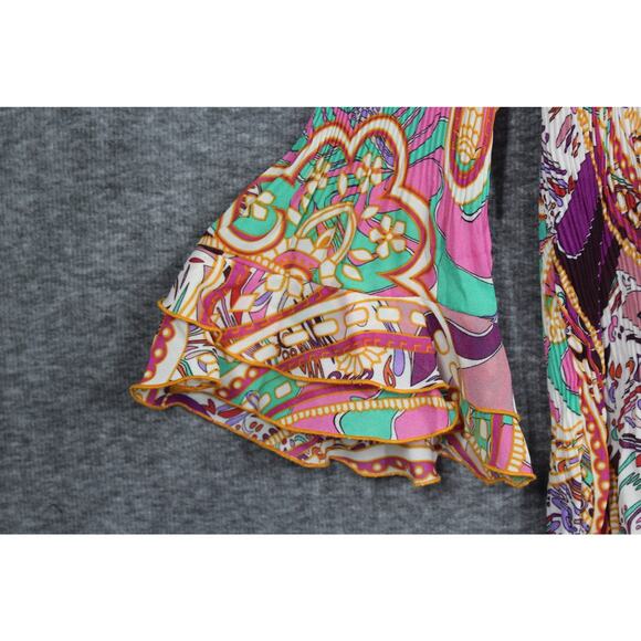 Essential By Milano XL Button Shirt Crinkle Paisley Bell Sleeve Colorful Artsy - Picture 4 of 6